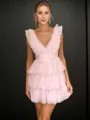 A-line V-neck Cascading Ruffles Short/Mini Tulle Homecoming Dress