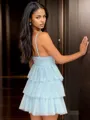 A-line V-neck Cascading Ruffles Short/Mini Tulle Homecoming Dress