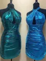 Sheath Halter Pleated Short/Mini Metallic Satin Homecoming Dress