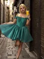 A-line Off-the-Shoulder Ruffles Short/Mini Satin Corset Homecoming Dress