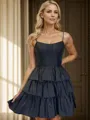 A-line Spaghetti Straps Cascading Ruffles Short/Mini Taffeta Corset Homecoming Dress