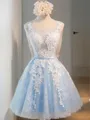 A-Line/Princess Scoop Short/Mini Tulle Homecoming Dress With Appliques Lace