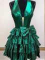 A-line Halter Bow Short/Mini Metallic Satin Homecoming Dress