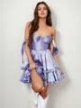 A-line Off-the-Shoulder Cascading Ruffles Short/Mini Corset Homecoming Dress