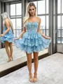 A-line Spaghetti Straps Appliques Lace Short/Mini Tulle Corset Homecoming Dress