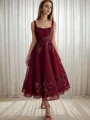 A-line Square Ruffles Tea-Length Tulle Homecoming Dress