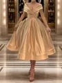 A-line V-neck Pleated Tea-Length Silk Like Satin Corset Homecoming Dress