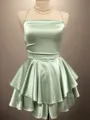 A-line Spaghetti Straps Cascading Ruffles Short/Mini Silk Like Satin Homecoming Dress