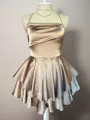 A-line Spaghetti Straps Cascading Ruffles Short/Mini Silk Like Satin Homecoming Dress