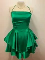 A-line Spaghetti Straps Cascading Ruffles Short/Mini Silk Like Satin Homecoming Dress