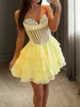 A-line Sweetheart Cascading Ruffles Short/Mini Satin Corset Homecoming Dress