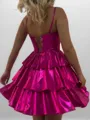 A-line Straps Cascading Ruffles Short/Mini Metallic Satin Corset Homecoming Dress