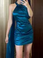 Sheath Halter Pleated Short/Mini Silk Like Satin Corset Homecoming Dress