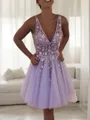 A-Line/Princess V-neck Short/Mini Tulle Homecoming Dress With Beading