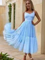 A-Line/Princess V-neck Tea-Length Tulle Homecoming Dress With Pleated