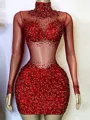 Sheath High Neck Long Sleeves Rhinestone Short/Mini Velvet Sequins Homecoming Dress