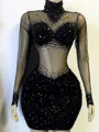 Sheath High Neck Long Sleeves Rhinestone Short/Mini Velvet Sequins Homecoming Dress