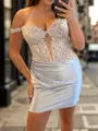 Sheath Off-the-Shoulder Appliques Lace Short/Mini Silk Like Satin Corset Homecoming Dress