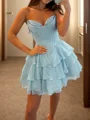A-line Sweetheart Cascading Ruffles Short/Mini Chiffon Corset Homecoming Dress