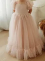 A-line Square Short Sleeves Bowknot Floor-Length Tulle Flower Girl Dress