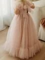 A-line Square Short Sleeves Bowknot Floor-Length Tulle Flower Girl Dress