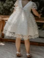 A-line Scoop Short Sleeves Bowknot Knee-Length Lace Flower Girl Dress