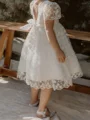 A-line Scoop Short Sleeves Bowknot Knee-Length Lace Flower Girl Dress