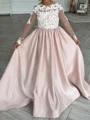 A-line Scoop Long Sleeves Bowknot Court Train Satin Flower Girl Dress