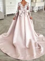 A-line Scoop Long Sleeves Bowknot Court Train Satin Flower Girl Dress