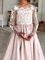 A-line Scoop Long Sleeves Bowknot Court Train Satin Flower Girl Dress