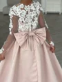 A-line Scoop Long Sleeves Bowknot Court Train Satin Flower Girl Dress