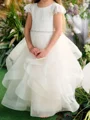 A-line Scoop Short Sleeves Beading Floor-Length Tulle Flower Girl Dress