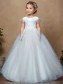 A-line Scoop Short Sleeves Bowknot Court Train Tulle Flower Girl Dress