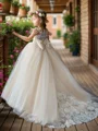A-line Scoop Short Sleeves Bowknot Court Train Tulle Flower Girl Dress