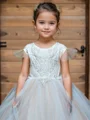 A-line Scoop Short Sleeves Bowknot Court Train Tulle Flower Girl Dress
