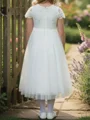 A-line Scoop Short Sleeves Lace Ankle-Length Tulle Flower Girl Dress