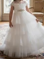 A-line High Neck Short Sleeves Beading Floor-Length Tulle Flower Girl Dress