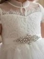 A-line High Neck Short Sleeves Beading Floor-Length Tulle Flower Girl Dress