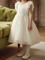 A-line V-neck Applique Tea-Length Tulle Flower Girl Dress