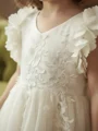 A-line V-neck Applique Tea-Length Tulle Flower Girl Dress