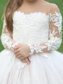 A-line Scoop Long Sleeves Applique Sweep Train Tulle Flower Girl Dress