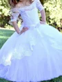 Ball-Gown Off-the-Shoulder 1/2 Sleeves Applique Sweep Train Tulle Flower Girl Dress