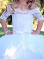 Ball-Gown Off-the-Shoulder 1/2 Sleeves Applique Sweep Train Tulle Flower Girl Dress