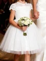 A-line Scoop Short Sleeves Applique Knee-Length Tulle Flower Girl Dress
