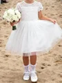 A-line Scoop Short Sleeves Applique Knee-Length Tulle Flower Girl Dress