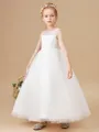 A-Line/Princess Scoop Ankle-Length Tulle Junior Bridesmaid Dresses With Appliques Lace