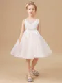 A-Line/Princess V-neck Knee-Length Tulle Junior Bridesmaid Dresses With Belt/Sash