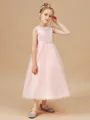 A-Line/Princess Scoop Tea-Length Tulle Junior Bridesmaid Dresses With Belt/Sash