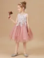 A-Line/Princess Scoop Knee-Length Tulle Junior Bridesmaid Dresses With Appliques Lace