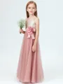 A-Line/Princess Spaghetti Straps Floor-Length Tulle Junior Bridesmaid Dresses With Flower